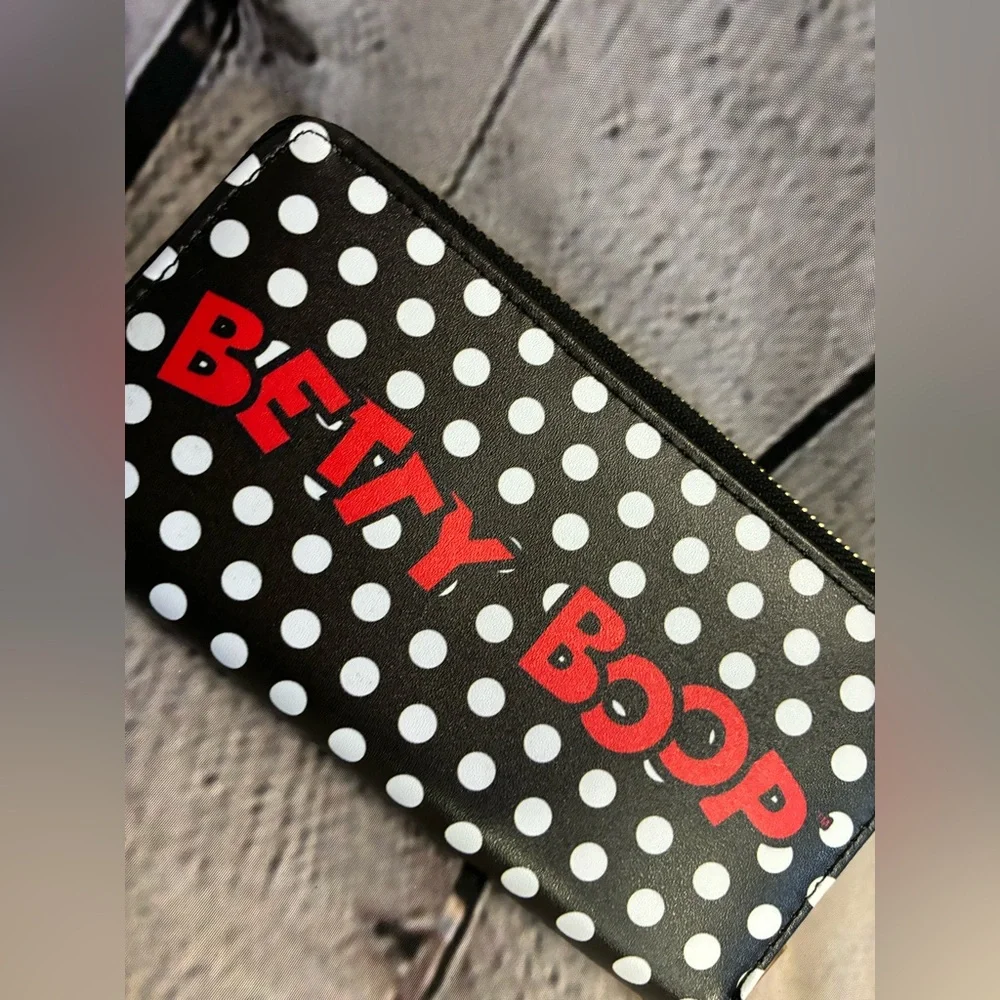Betty Boop Cartoon Polka Dot Zip Around Clutch Wallet Purse Black White Red‎ EUC